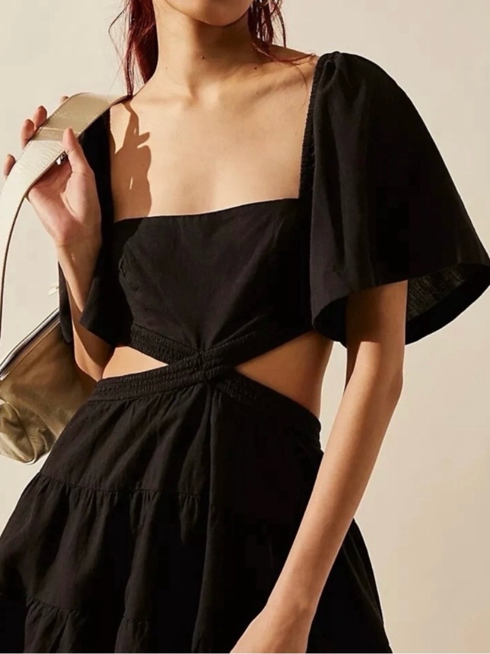 Black Cutout Puff-Sleeve Crop Top